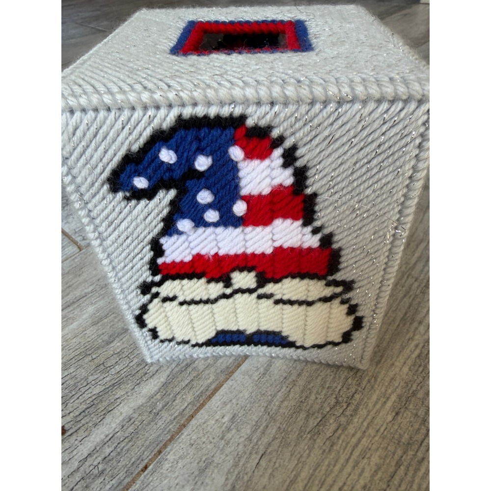 Tissue Box Cover Patriotic Gnome America Flag Plastic Canvas Handmade USA Retro